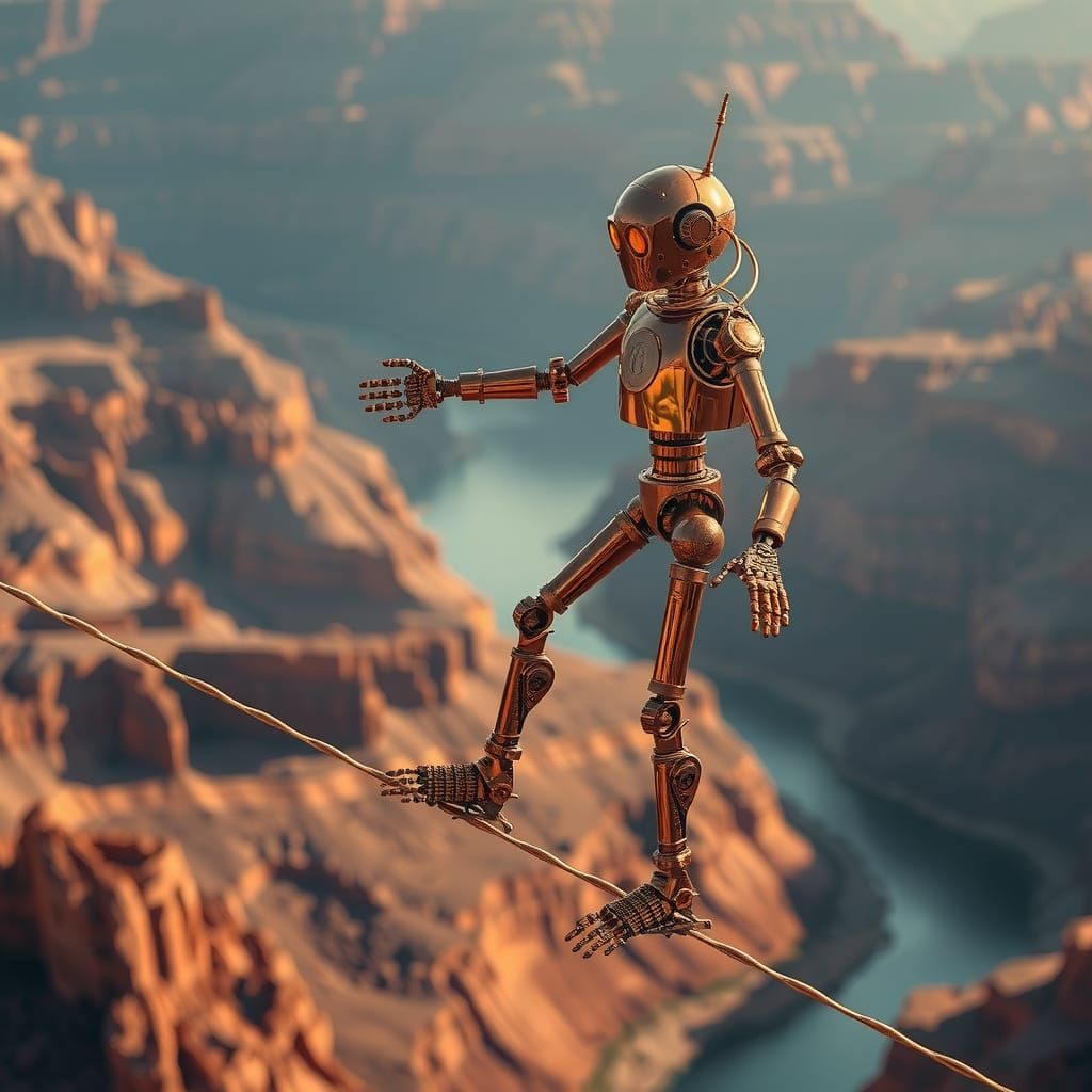 Vintage Robot on Tightrope Spanning Grand Canyon