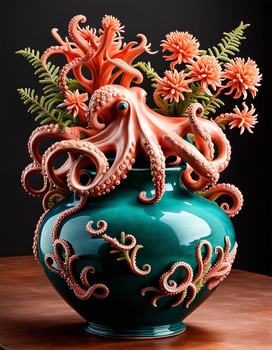 Rococo Ceramic Octopus Vase with Coral Garden