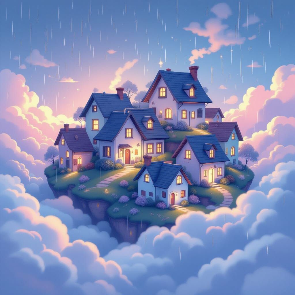 Dreamy Surreal Landscape with Floating Houses