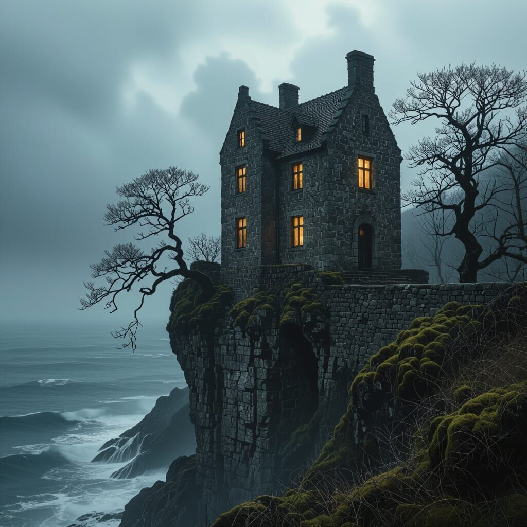 Gothic Manor House on Cliff, Cinematic Dark Fantasy