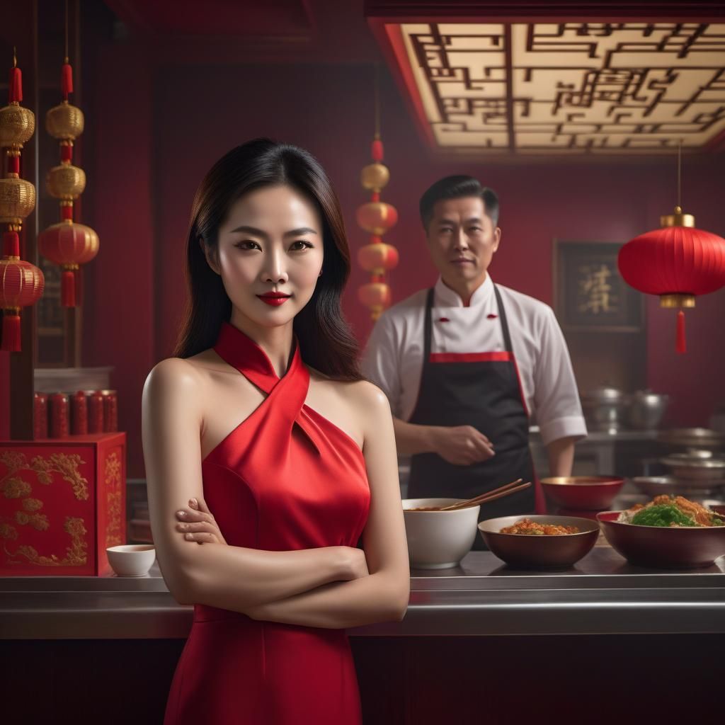 Wealthy Chinese Lady in Restaurant Kitchen: Octane Render