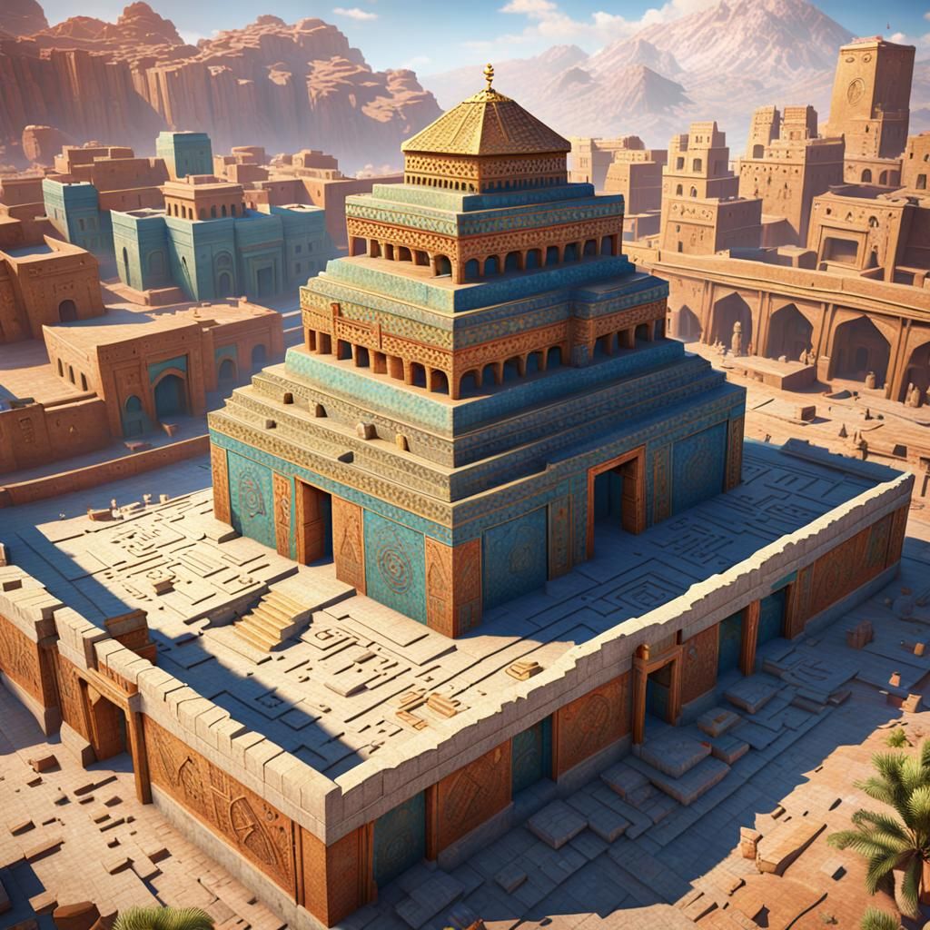 Multi-Colored Ziggurat Temple in Moroccan City Street