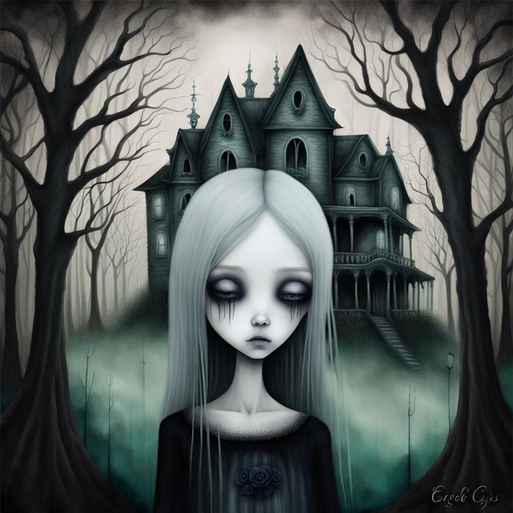 Eerie Girl Portrait in Front of Haunted House