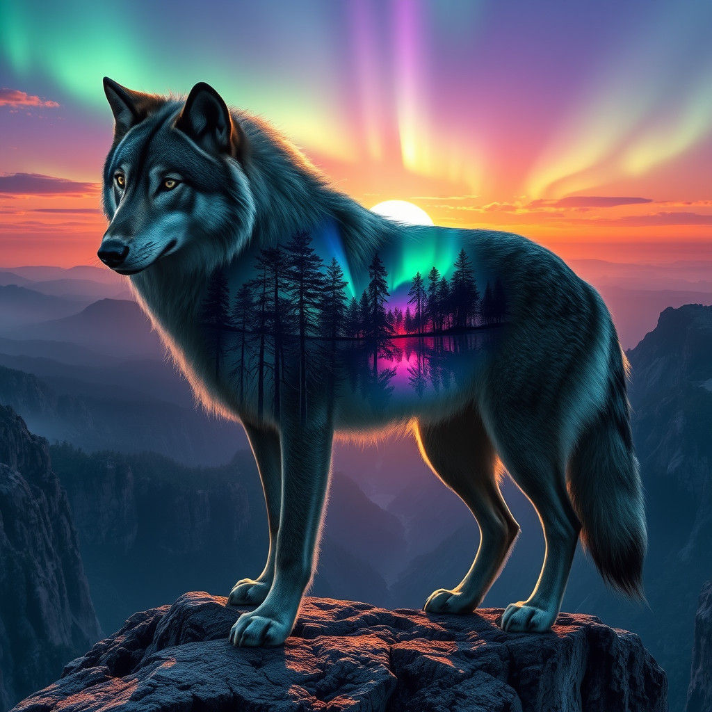 Mystical Wolf Reflects Aurora in Forest
