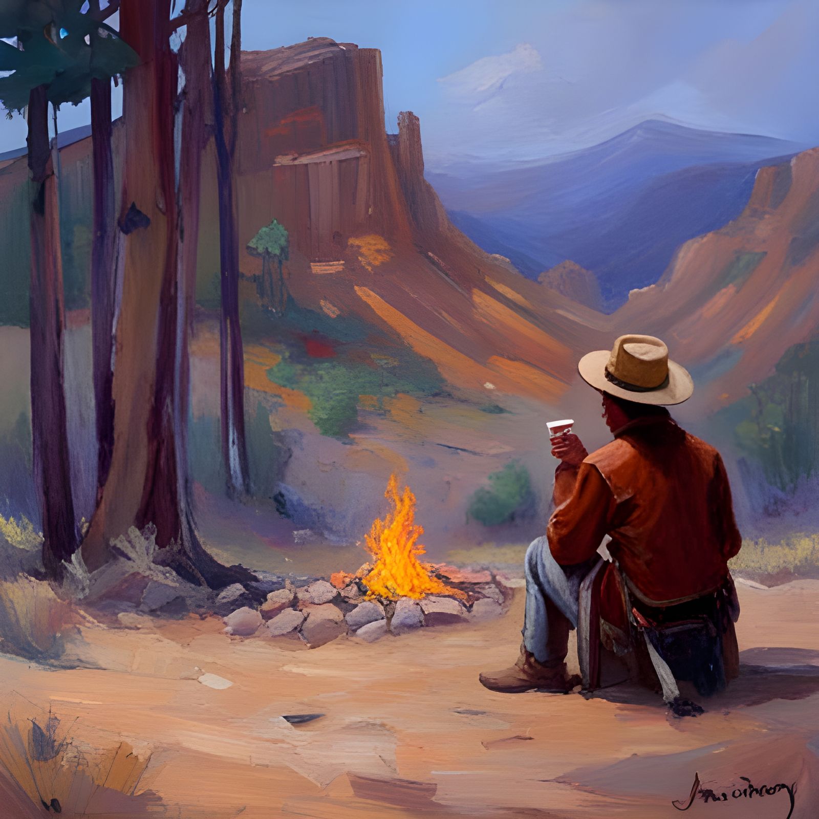 Cowboy's Coffee Break: An Oil Painting