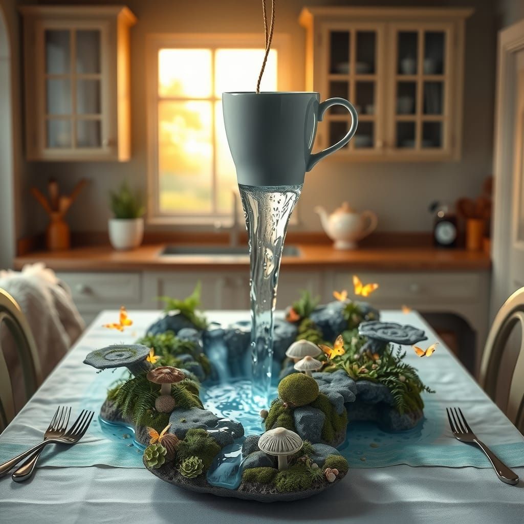 Floating Coffee Cup Waterfall at Sunrise