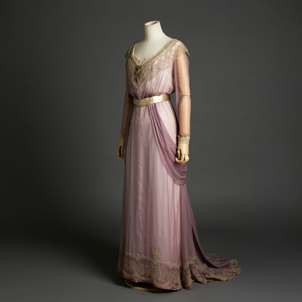 Edwardian Opulence: Rose Purple Silk Gown with Golden Belt
