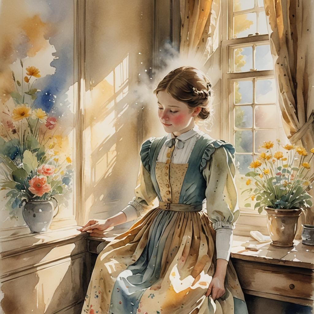 Girl in Museum: Whimsical Watercolor Illustration