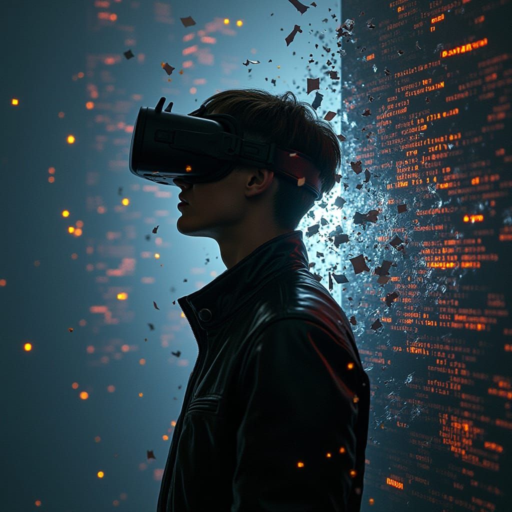 Person Breaks Through Virtual Reality Wall in Cyberpunk Styl...