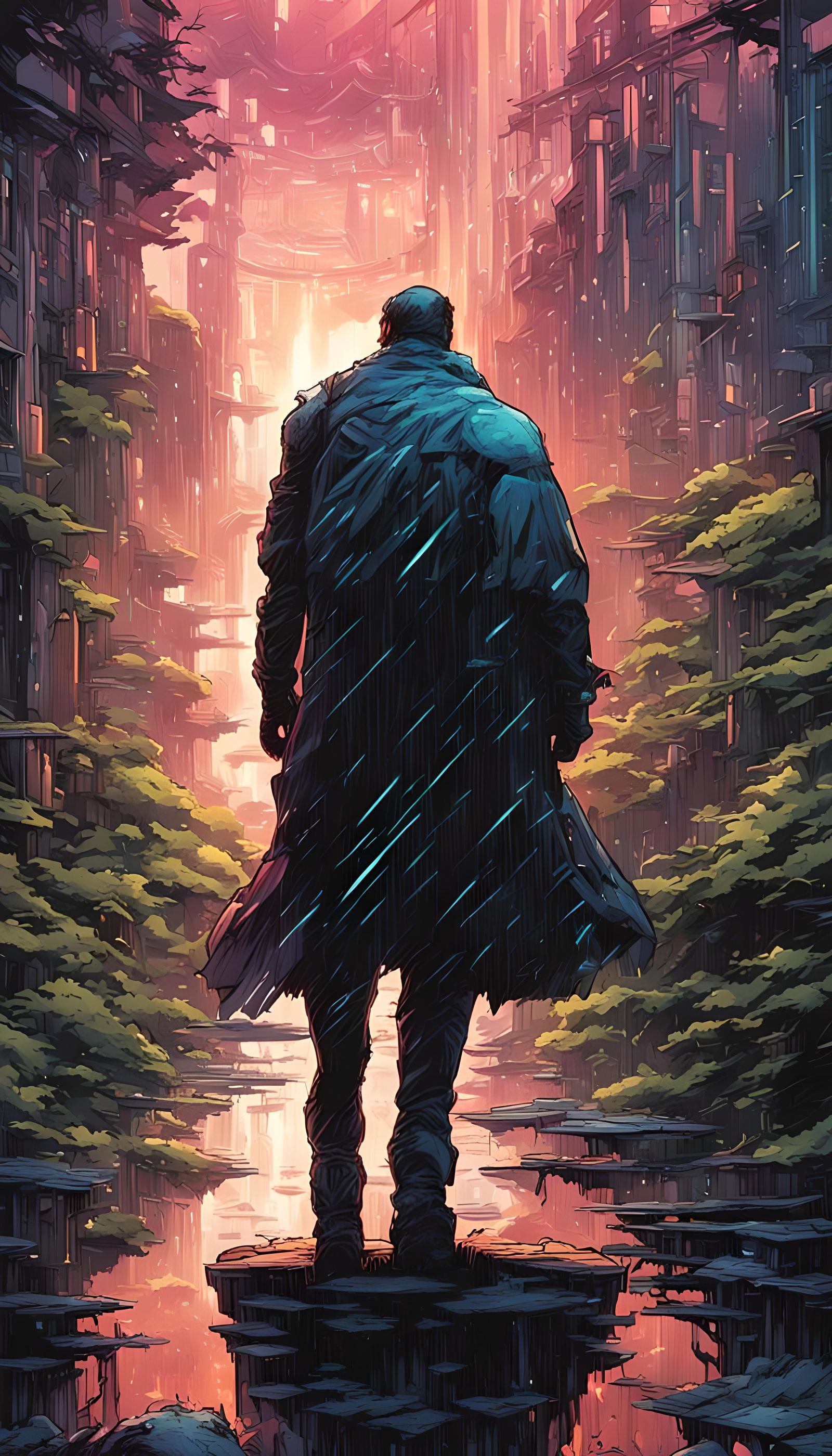Rainy Forest in Comic Book Cyberpunk Style