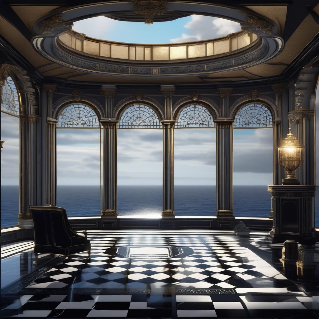 Gothic Seaside Mansion Interior with Ocean View