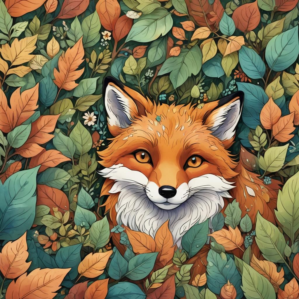 Cartoon Fox in Leaves: Fantasy Illustration
