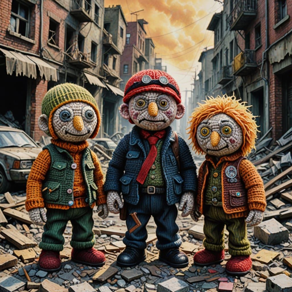 Amigurumi Comrades in War-Torn City: Coloured Pencil Art