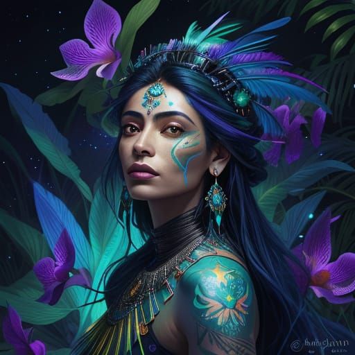 Bioluminescent Jungle Woman: An Impressionist Digital Painti...