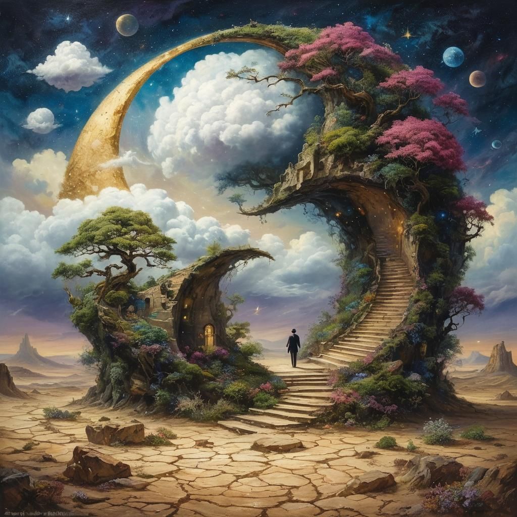 Surreal Figure Enters Cosmic Vortex in Dreamlike Painting