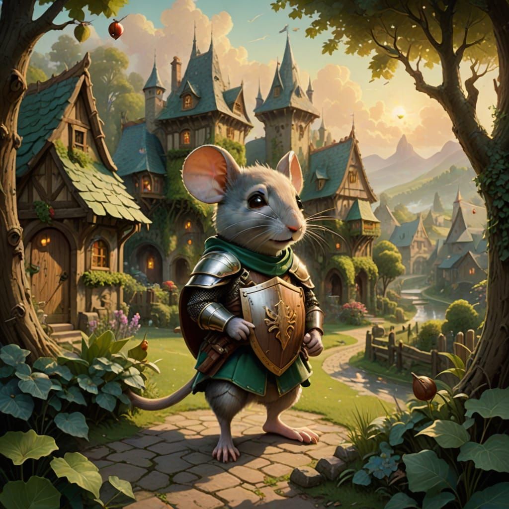 Whimsical Mouse Knight in Idyllic Fantasy Village