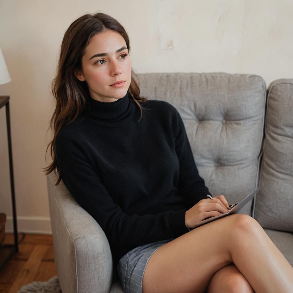 Woman on Cozy Couch: Digital Impressionist Illustration