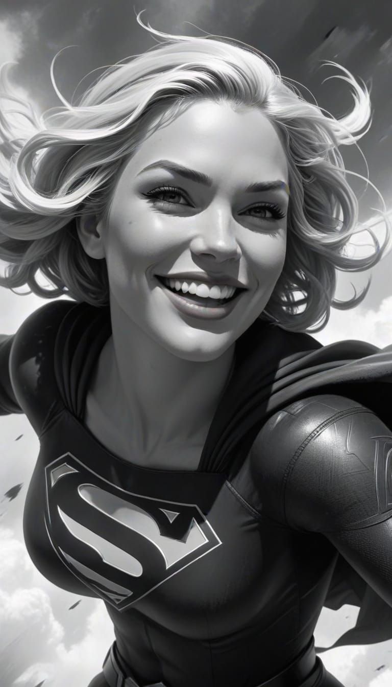 Supergirl Flying Through Clouds in Adam Hughes Style