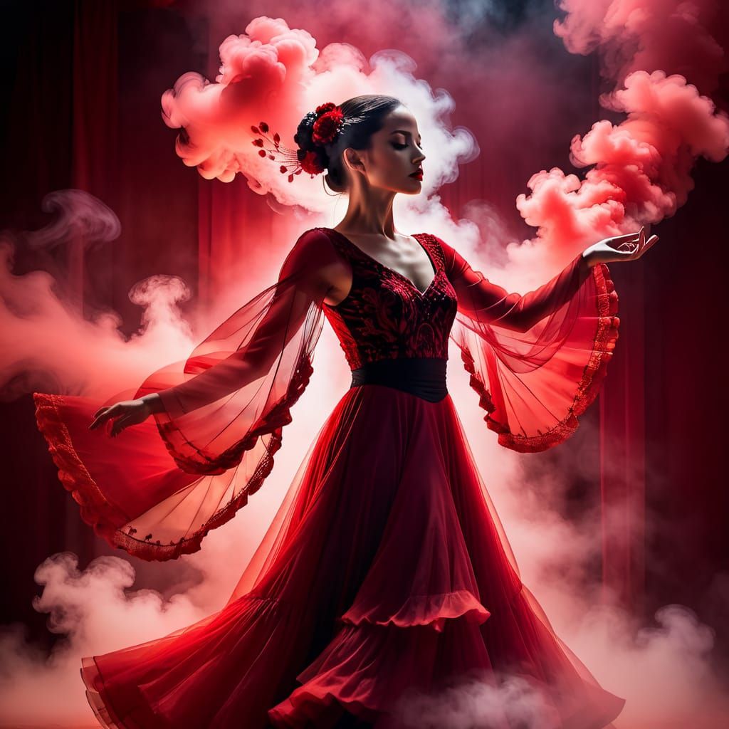 Flamenco Dancer in Red Smoke: Digital Double Exposure Art