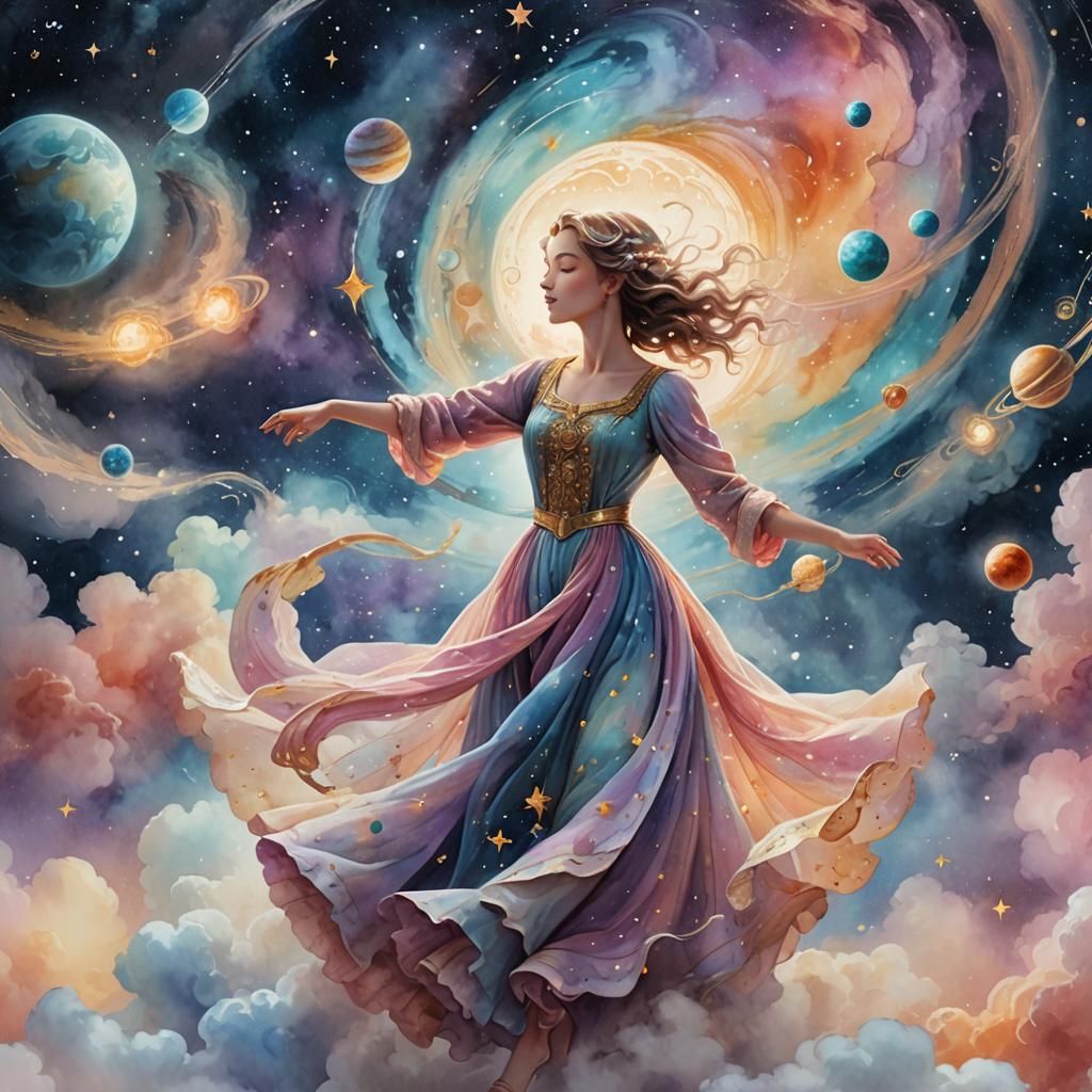 Celestial Dancer in Watercolor Fantasy Art