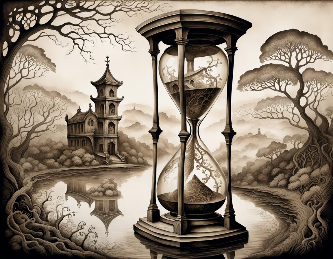 Hourglass in Misty Landscape: Fine Line Etching