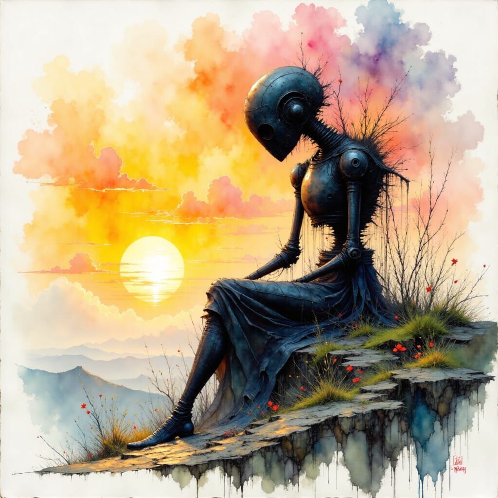 Iron Giant Robot on Hill in Watercolor Style