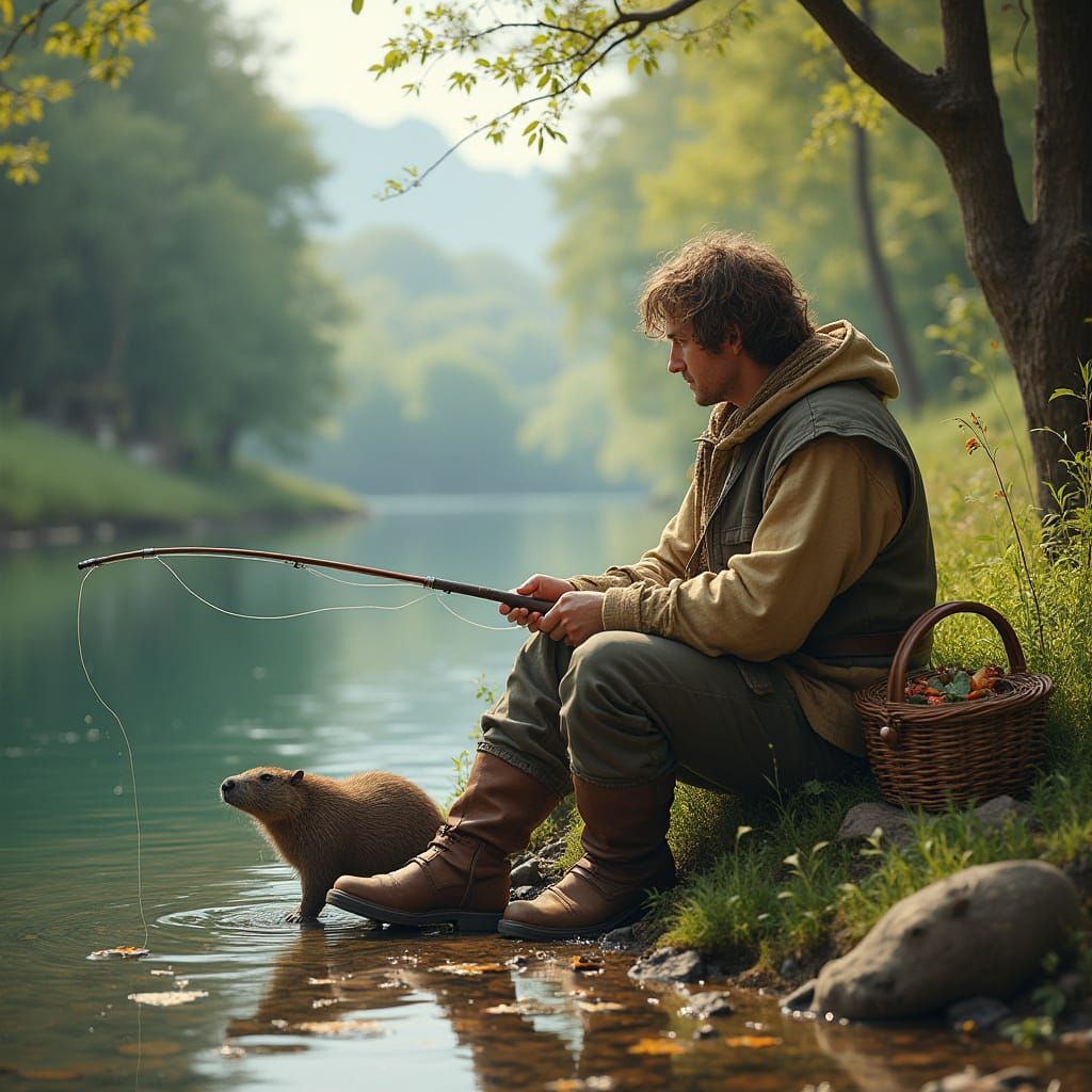 Hyperrealistic Hobbit Angling by Riverbank
