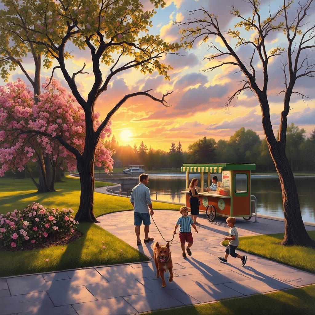 Sunset Park Scene with Ice Cream Stand and Family