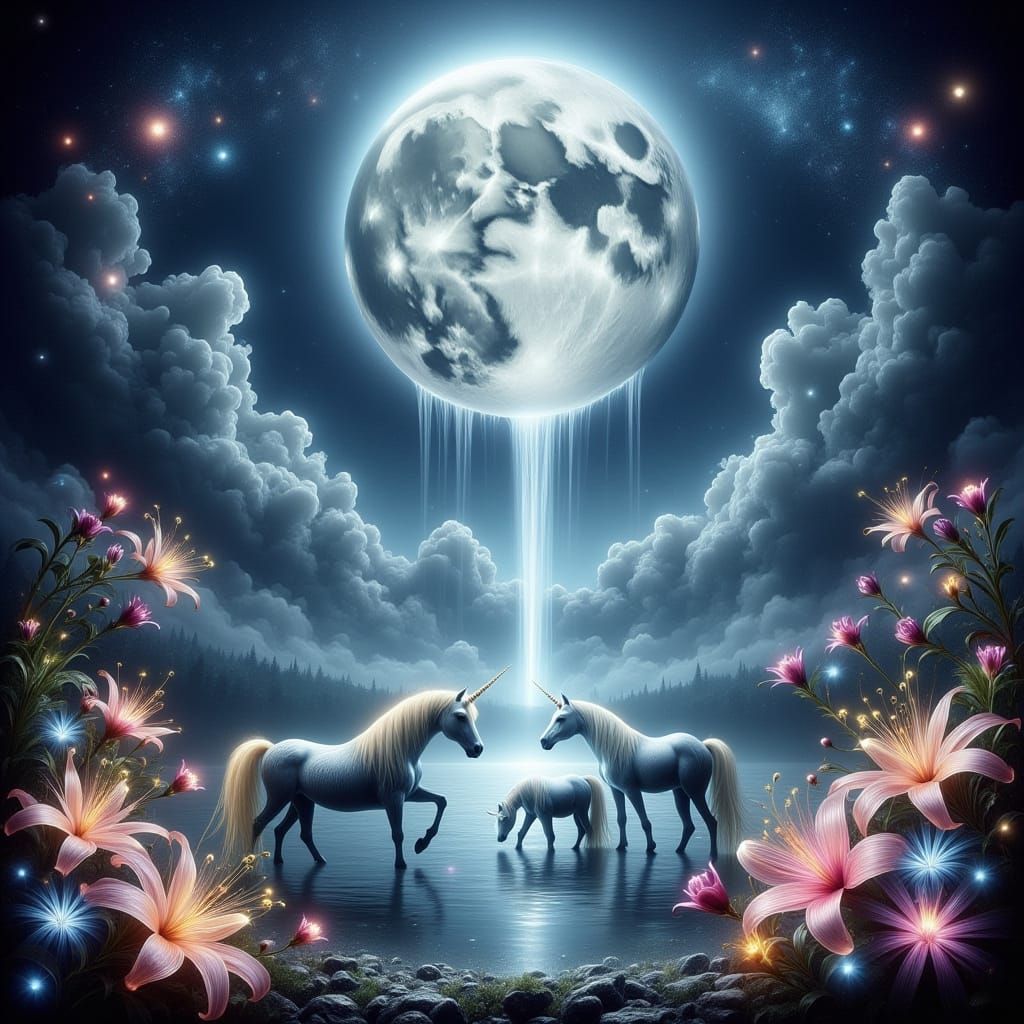 Magical Unicorns Drink at Moonlit Waterfall