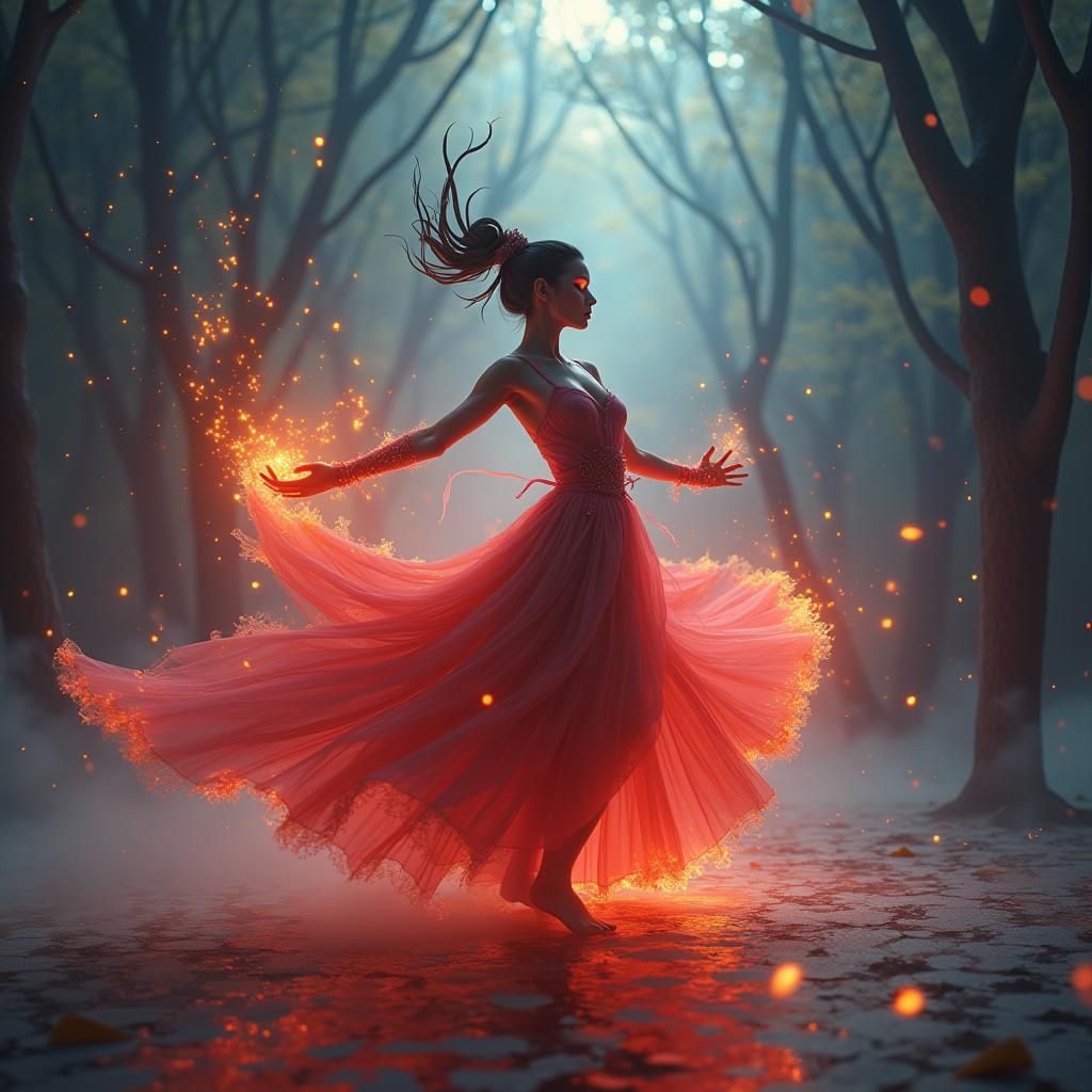 Ethereal Dancer with Red Eye Makeup in Mystical Aura