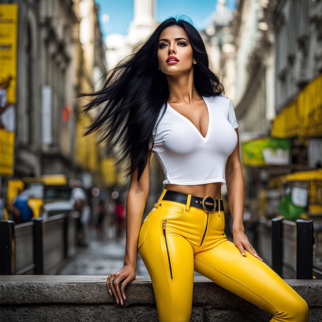 Brazilian woman, yellow latex pants, white t-shirt,