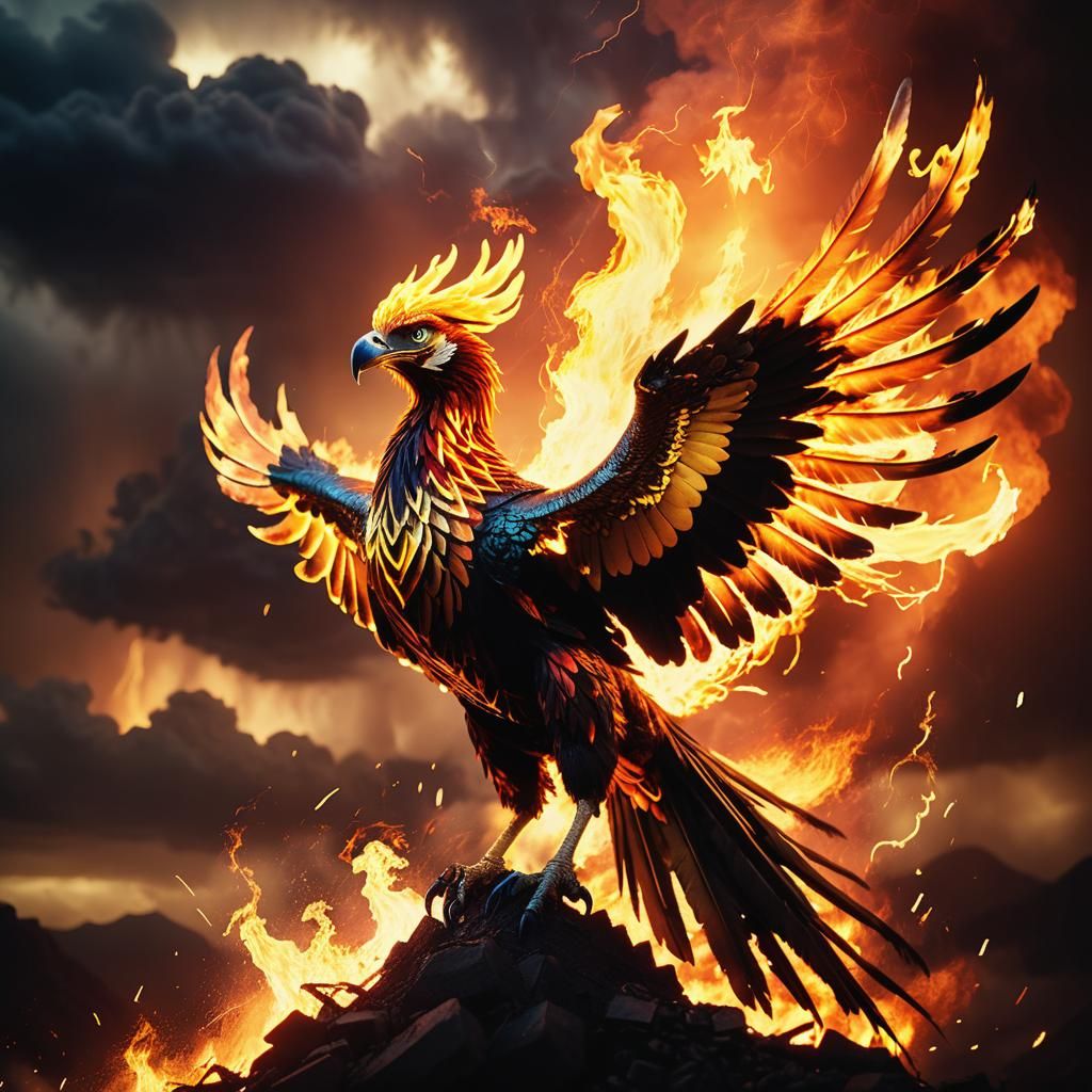 Dramatic Phoenix Rising from Flames: Cinematic Film Still