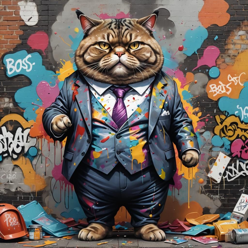 Chubby Cat Boss in Graffiti Street Art