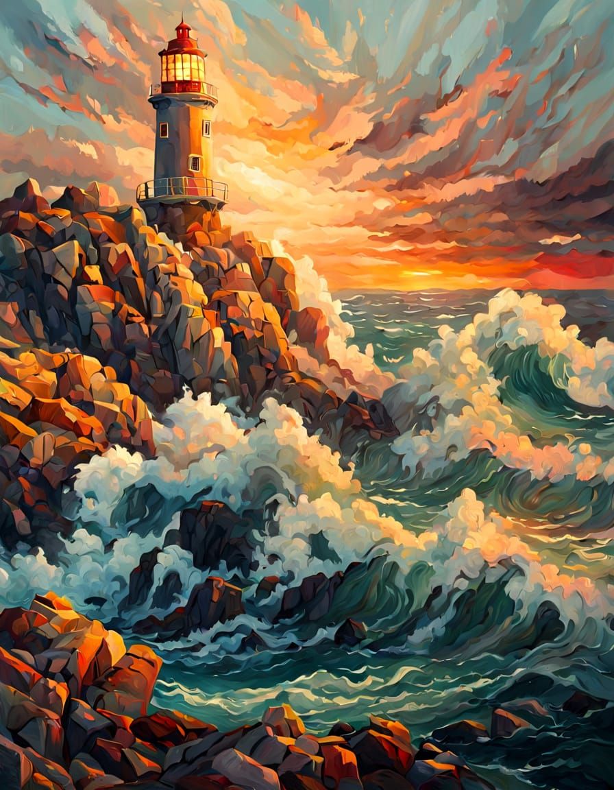 Surreal Lighthouse Oil Painting at Golden Hour