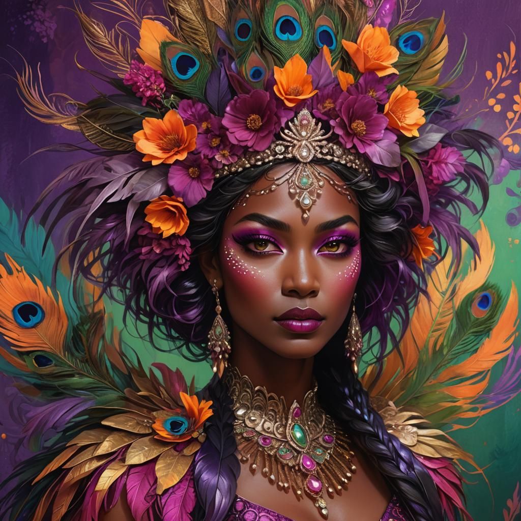 Fantasy Woman Portrait with Peacock Feathers, Digital Art