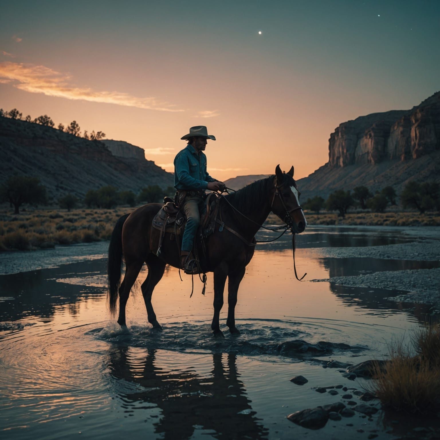 Cowboy and Horse at Bioluminescent River Sunset