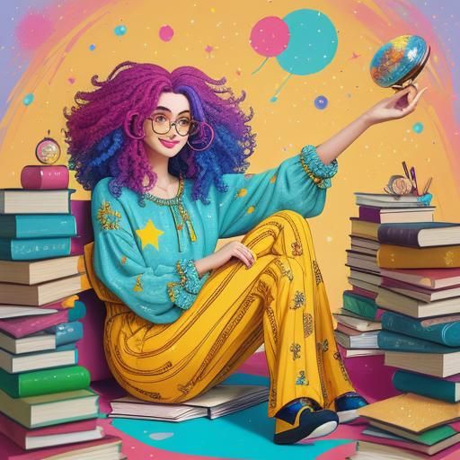 Whimsical Woman Reading Illustration in Acrylic Style