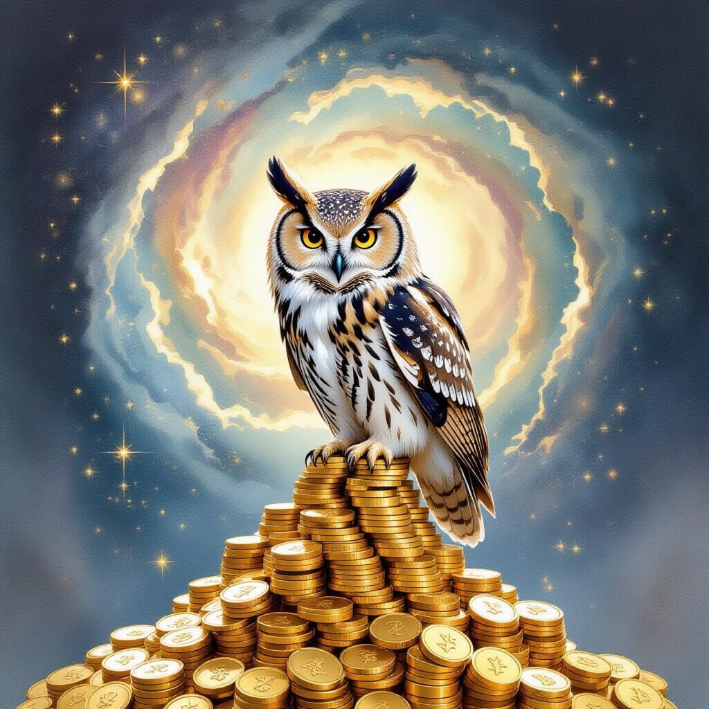 Wise Owl on Gold Coins Gazing into Cosmic Nebula