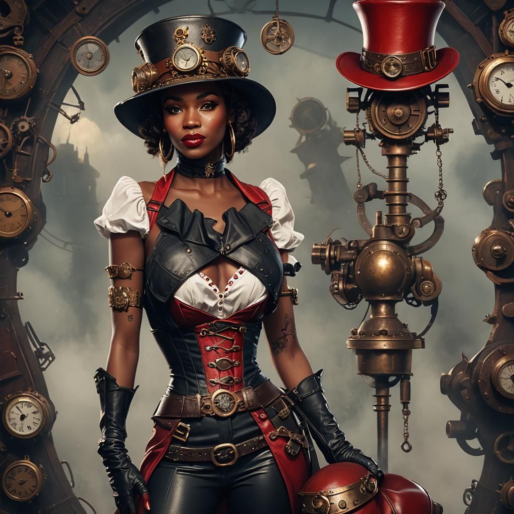 Steampunk African Pin-Up Portrait in Detailed Matte Painting