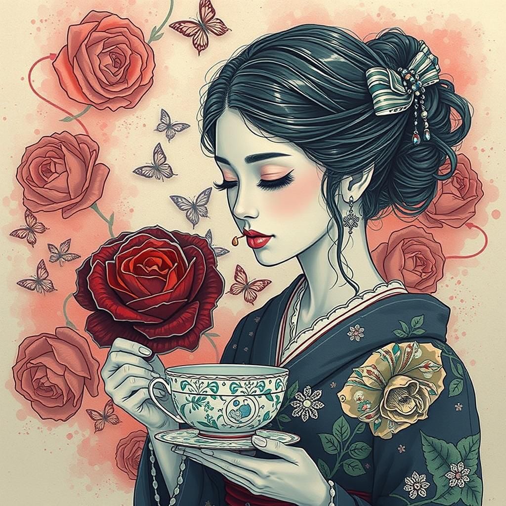 Jewish Girl in Kimono with Rose Vapor, Genshin Impact