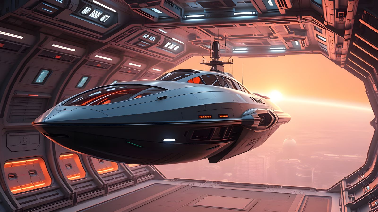 Luxurious Futuristic Space Frigate Lands in Serene Space Doc...