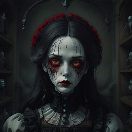 Eerie Gothic Doll Illustration in Dusty Attic
