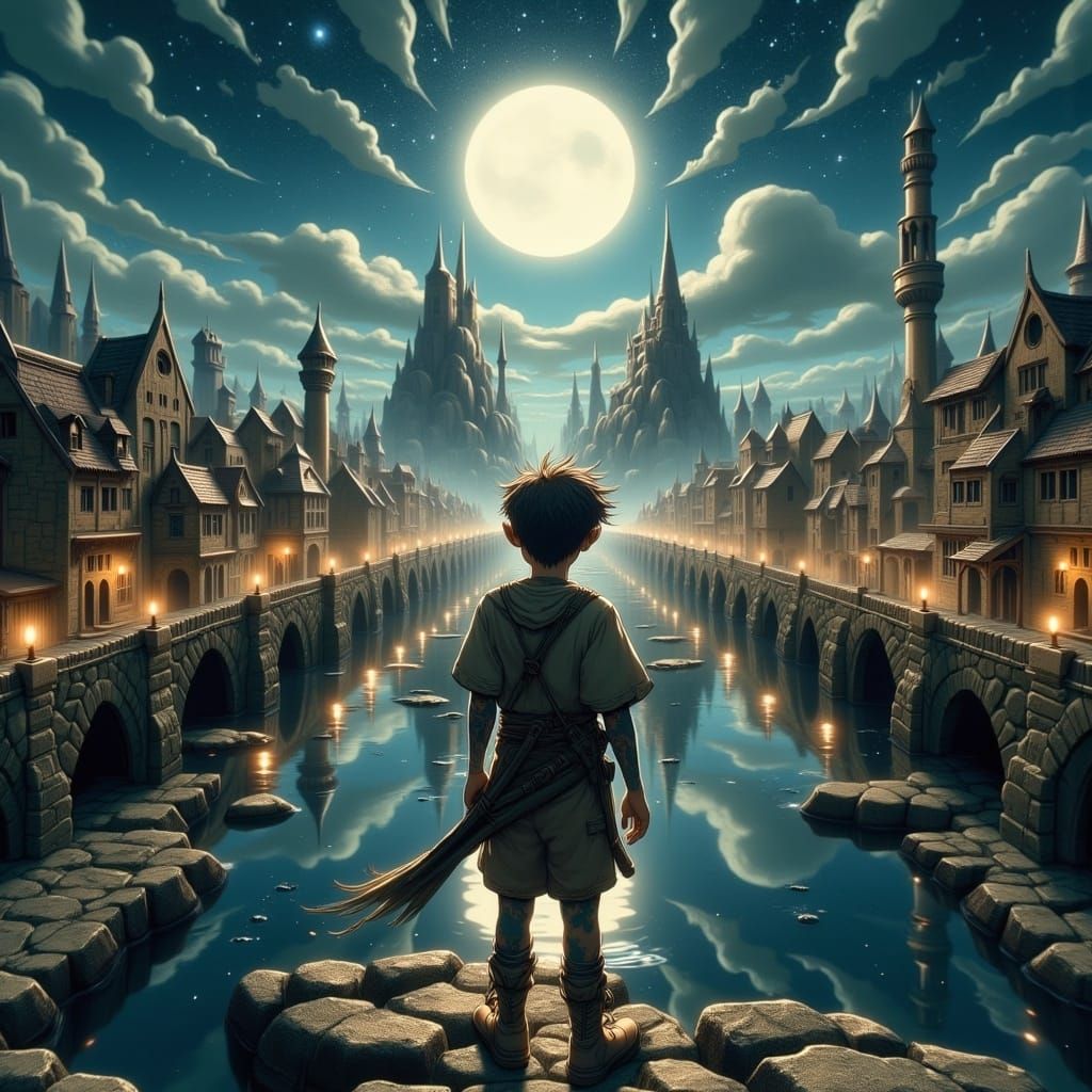 Young Adventurer Stands Steadfast on Ancient Bridge, Beside...