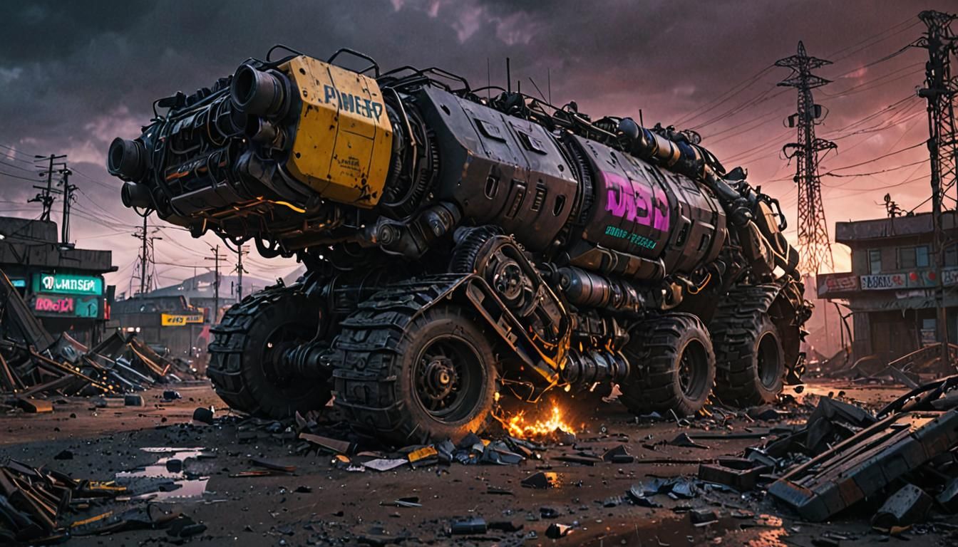 Dieselpunk Caterpillar War Machine in Wasteland Sunset