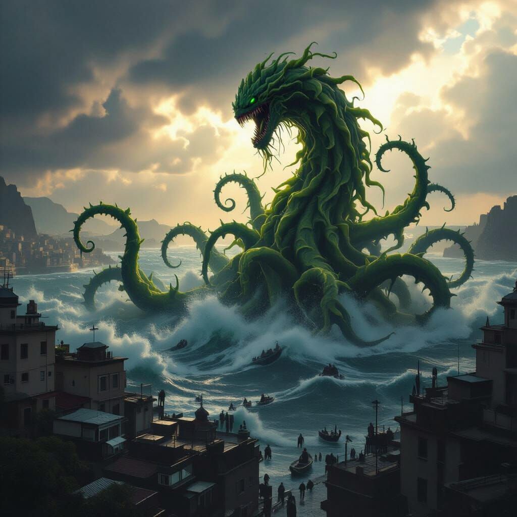 Kraken Monster Erupts from Ocean: Oil Realism
