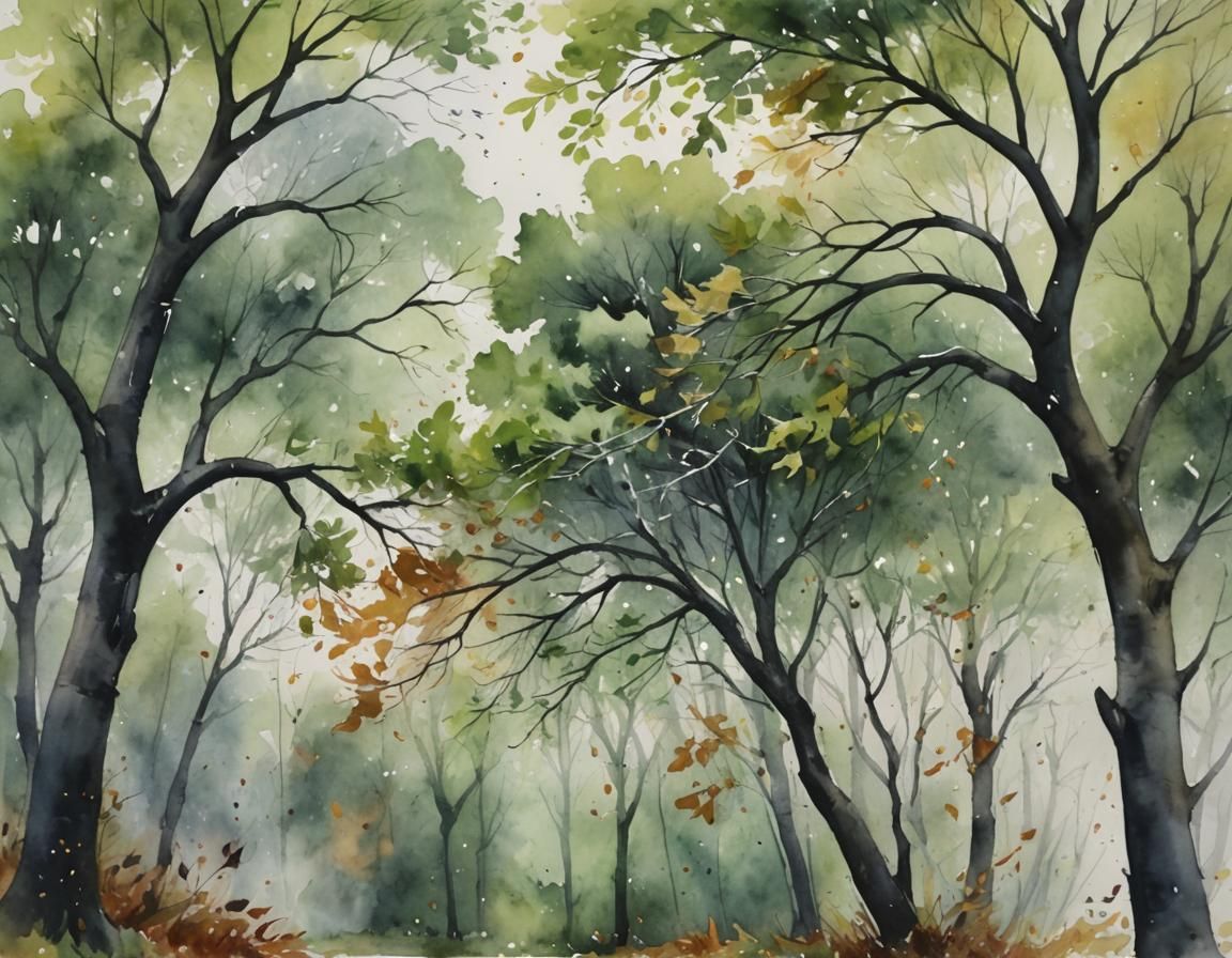 Watercolor Trees Bending in Wind with Swirling Leaves