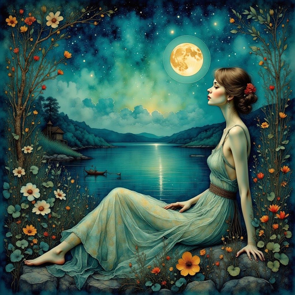 Woman in Hopeful Contemplation by a Serene Lake
