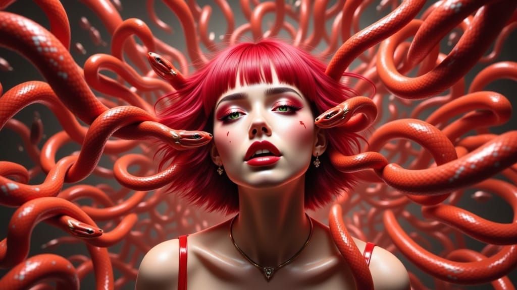 Surreal Horror Scene of Snake Girl Under Attack