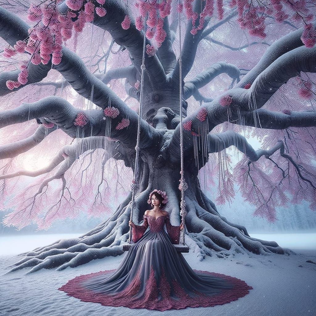 Magical Winter Sakura Tree with Woman in Elegant Dress
