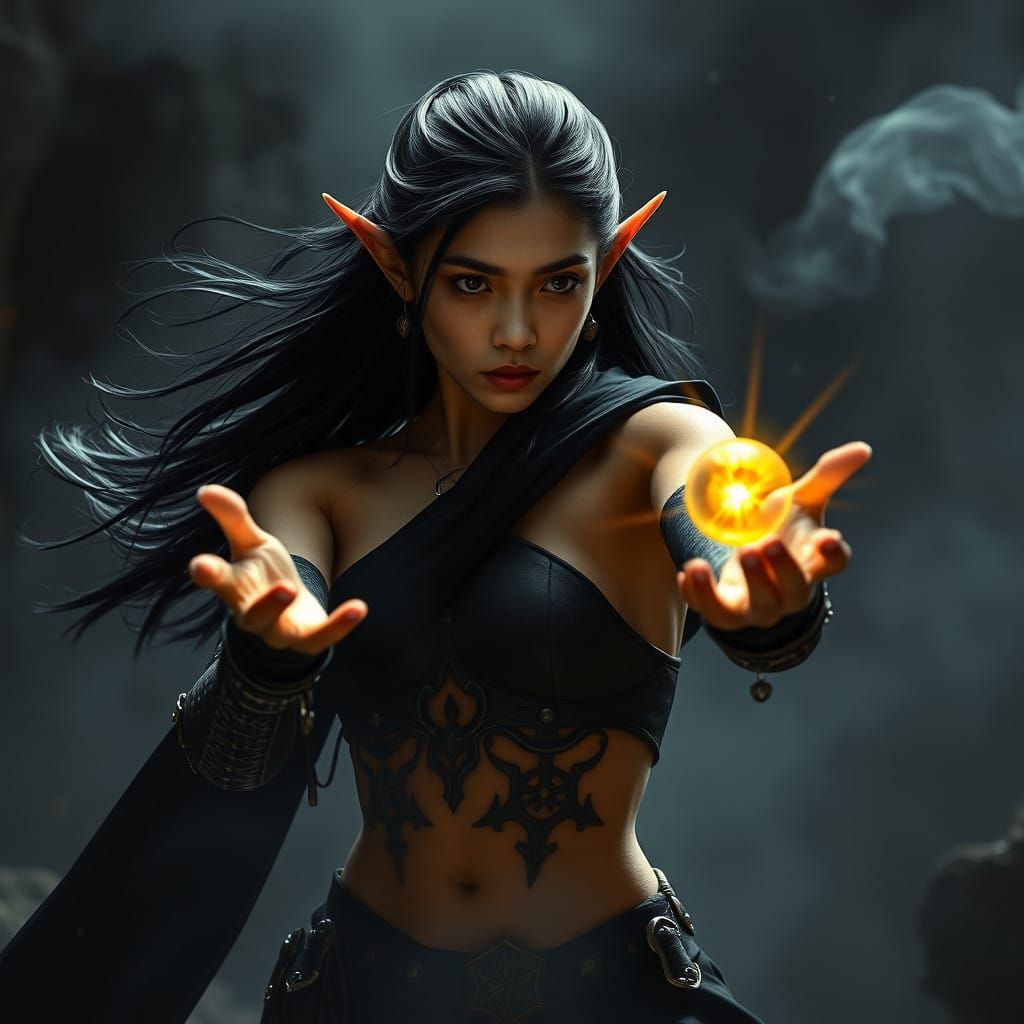 Ethereal Elven Warlock in Cinematic Spellcasting Moment